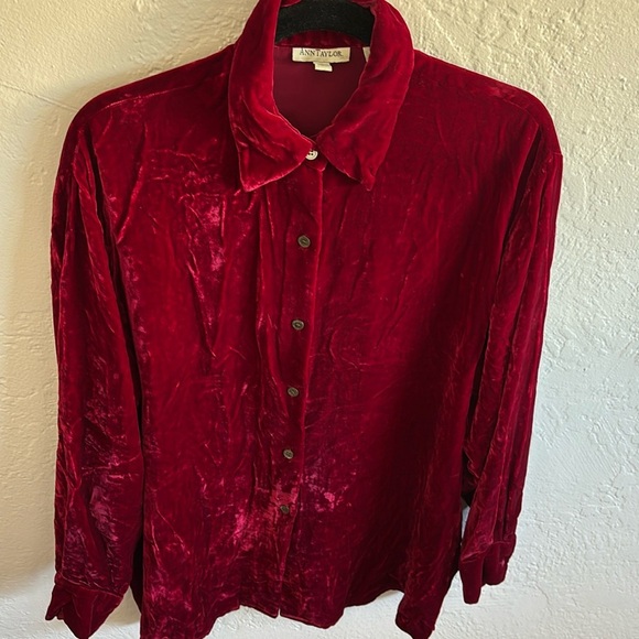 Ann Taylor holiday silk blend crushed velvet long sleeve button down tunic top - Picture 2 of 8